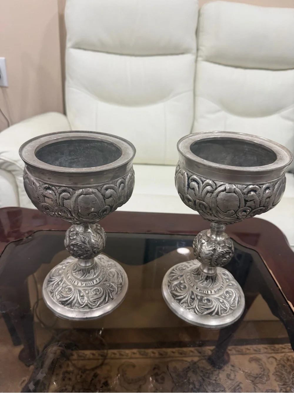 Tibetan Butter Lamp Pair – Antique Style Brass with Silver Polish – 9” Decorativ